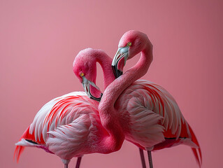Fototapeta premium The profile of two pink flamingos, facing each other, looking at each other. pink background