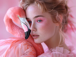 The profile of a young woman profiles flamingo on a pink background.