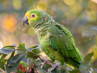 Obraz premium A green parrot gazes intently, surrounded by soft-focus foliage.