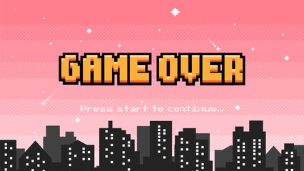 Game Over with starry sky on city background. Pixel art 8-bit retro video style with press start.	