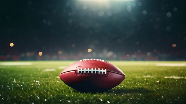 Close-up of American football ball on grass. Background of stadium illuminated by the lights. The concept of sport and leisure. Ai-generated.