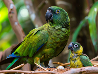 A green parrot attentively watches over its fluffy chick on the forest floor.