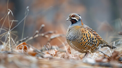 Solitary partridge blends into the autumnal forest floor with its brown feather pattern.