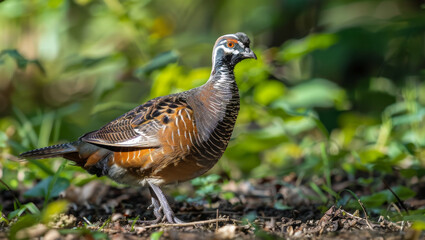 Solitary partridge blends into the autumnal forest floor with its brown feather pattern.