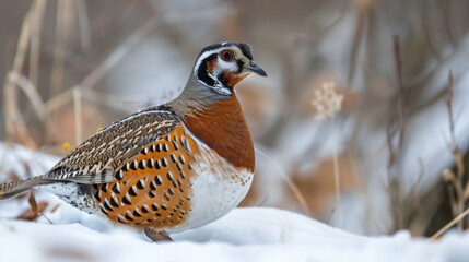 Solitary partridge with brown pattern stands out in winter scenery.