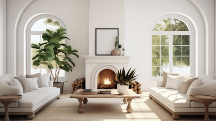 Chic Living Room Design with Fireplace and Large Arched Windows