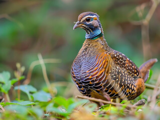 Fototapeta premium Vibrant partridge standing alert amongst lush green foliage, basking in the sunlight.