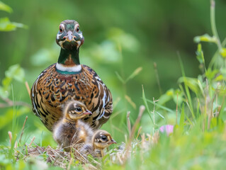 Obraz premium Mother partridge with her chicks nestled in a natural woodland setting.