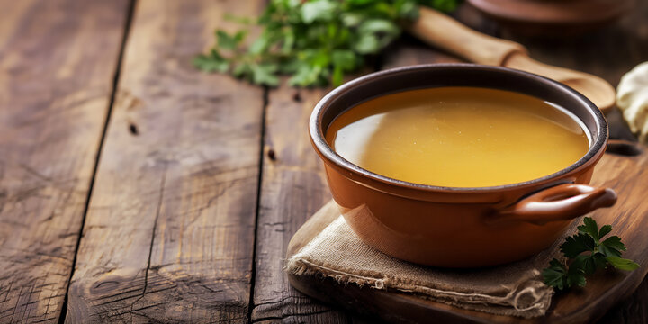 Homemade golden vegetable Beef Bone Broth full of nutrition and health benefits.