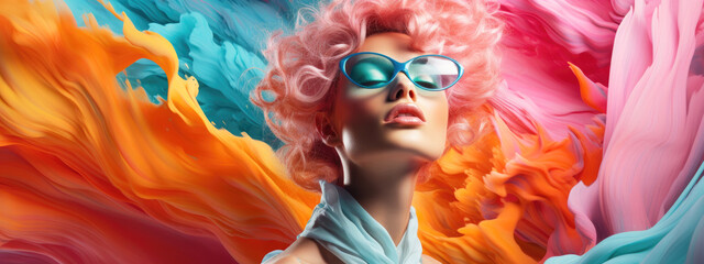 Fashion portrait of a modern woman with rose hair and blue glasses on a Pantene toned background. Panoramic in rose, peach, blue, orange, velvety and silky colors. Ai generated