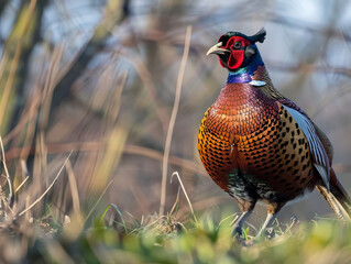 Fototapeta premium A ring-necked pheasant with splendid colourful feathers hidden in the fields.