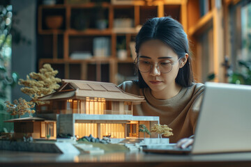 Asian woman looking at a model of a house with a laptop, neo-concrete, precision engineering,