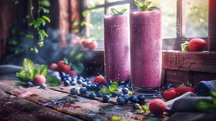Healthy Blueberry and Strawberry Smoothie, Fresh Yogurt Drink in Glass, Summertime Refreshment