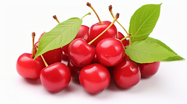 Fresh red acerola cherries with green leave isolated
