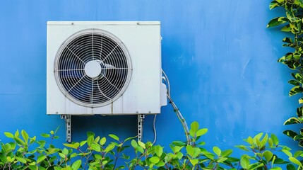 Effortless temperature management: This air heat pump takes the guesswork out of climate control. Air heat pump for cooling or heating a house on the wall of a building.