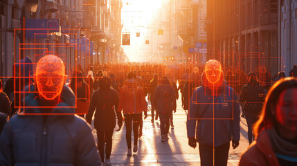 A crowd of people on the street and a facial recognition camera running it. Surveillance and information collection. Facial recognition camera tracking individuals in a crowd. - obrazy, fototapety, plakaty