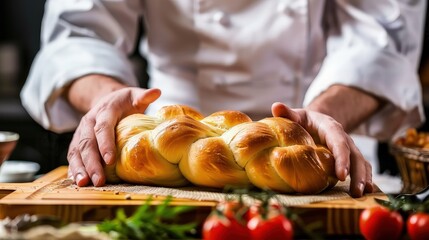 Chef's hands with freshly baked fragrant bread with a crispy crust. These loaves are a delicious embodiment of the baker's passion and expertise. - obrazy, fototapety, plakaty