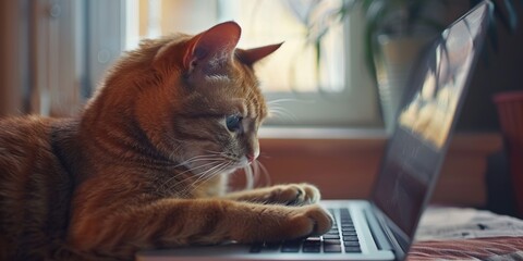 Serious, concentrated cat works on a laptop , concept of Focused feline operates a computer