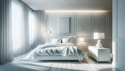 Inviting modern bedroom interior with a comfortable bed, soft lighting,  atmosphere enhanced by morning sunlight. - 750015991