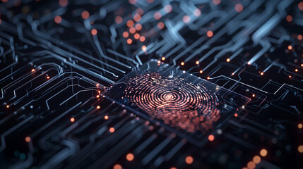 Cybersecurity background with fingerprint and Integrated circuit mainboard . Technology concept . - obrazy, fototapety, plakaty