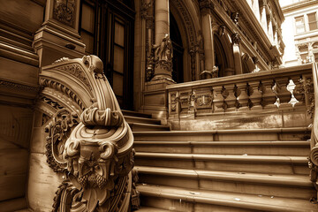 The sepia-toned photo captures the intricate details and grandiose architecture of a historic...
