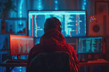 Professional it specialist using device writing code computer network maintenance, AI Generated