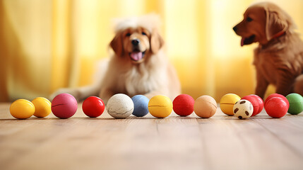 Different pet vitamins and toy balls on beige table - Powered by Adobe