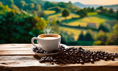 cup of coffee and grains on the background of a plantation. Selective focus.