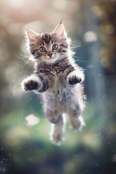 A whimsical scene capturing a playful tabby cat soaring through the air with a look of surprise and delight