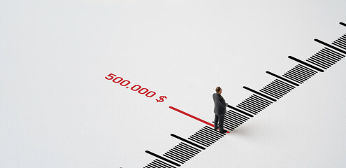 Businessman miniature figure standing on scale with 500,000 $ for get salary and return from...