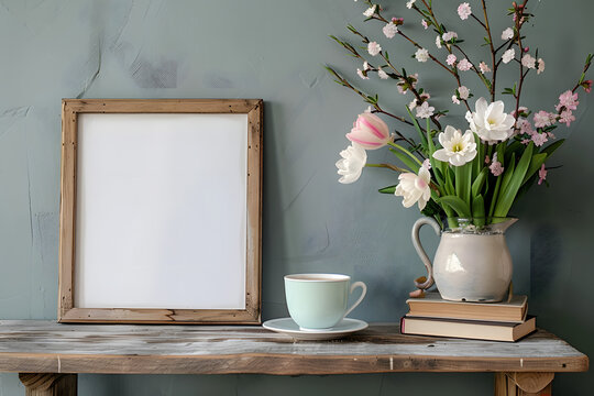 Easter breakfast still life. Blank picture frame mockup. Wooden bench, table composition with cup of coffee, old books. Spring bouquet of pink tulips, white daffodils. Hawthorn, guelder rose flowers.