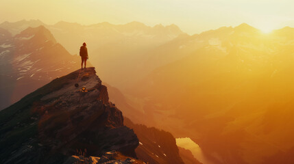 On Top of the World: Solitary Figure Soaks in Sunrise Glory from Mountain Summit - obrazy, fototapety, plakaty