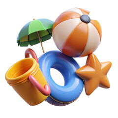 Summer 3d realistic render icon set. object with beach elements, summer holiday clip art set