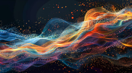Vibrant abstract illustration capturing the dynamic flow of cosmic energy and stardust in warm and...