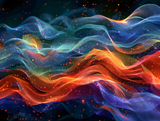 Vibrant abstract illustration capturing the dynamic flow of cosmic energy and stardust in warm and...