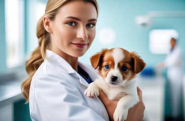 Veterinarian doctor, young girl with a cute puppy in her arms, symbolizing professional skill and empathy towards pets with space for text