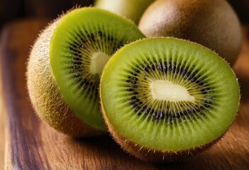 fresh kiwifruit cut in half, revealing its brown skin and green flesh.