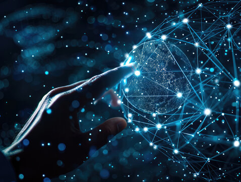 hand touching global network and data exchanges over the world 3D rendering, network city background. Internet concept. Technology Ai for science, business, innovation