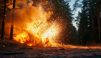 Thermoboric explosion from a shell in a winter forest. Military conflict.