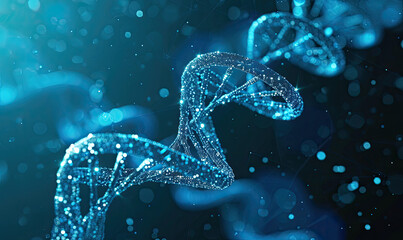 dna. abstract 3d polygonal wireframe dna molecule helix spiral on blue. medical science, genetic biotechnology, chemistry biology, gene cell concept