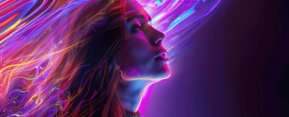 Neon Dreamscape: Woman in Holographic Light, visually captivating profile of a woman enhanced with dynamic, multicolored neon lights creating a futuristic holographic effect.