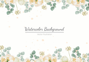 watercolor white peony and rose foliage flower bouquet wreath frame white background isolated