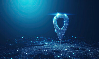 Gps, location sign in futuristic abstract style on blue background. Gps navigator pin. Map pointer...