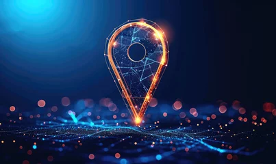 Fotobehang Gps, location sign in futuristic abstract style on blue background. Gps navigator pin. Map pointer sign. Route navigator. Polygon vector wireframe concept. Low poly © sutagon