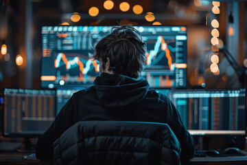 Fototapeta premium A man sits behind modern large monitors and sells on the exchange, bitcoin, coin schedule.