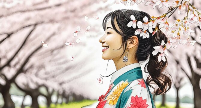 桜の花びらが舞う中で微笑む少女、着物Ver