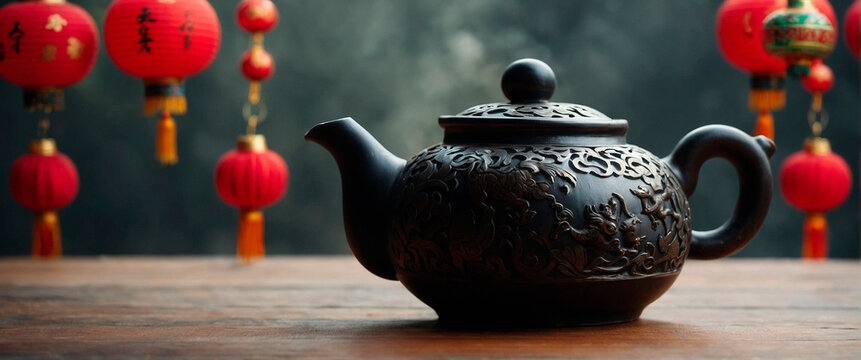 Chinese tea ceremony teapot and cups. Selective focus.