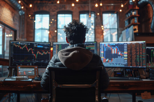 A man sits behind modern large monitors and sells on the exchange, bitcoin, coin schedule.