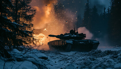 A military Russian tank shoots in the winter forest.