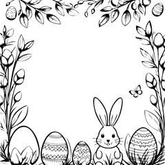 A black and white drawing of a rabbit and three eggs